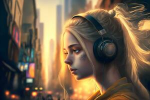 Porträt von jung Mädchen mit blond Haar Hören Musik- mit Kopfhörer auf Stadt Straße. neural Netzwerk generiert Kunst foto