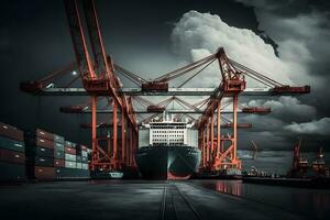 Kran Wird geladen Ladung Container importieren Container Schiff im das International Terminal logistisch Meer Hafen Konzept Fracht Versand. neural Netzwerk generiert Kunst foto