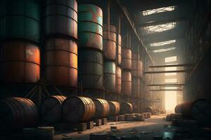 Stapel von Öl Fässer im Öl Raffinerie Lagerhaus. neural Netzwerk generiert Kunst foto