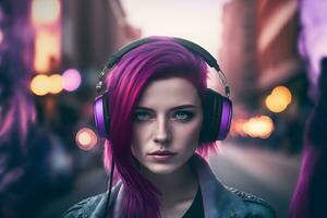 Porträt von jung Mädchen mit lila Haar Hören Musik- mit Kopfhörer auf Stadt Straße. neural Netzwerk generiert Kunst foto