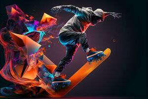 abstrakt extrem Sport Liebhaber führt aus Sprung in Unendlichkeit mit fiktiv Skateboard oder Snowboard. neural Netzwerk generiert Kunst foto