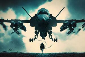Soldaten sind mit Drohne zum Scouting während Militär- Betrieb im das Wüste. neural Netzwerk generiert Kunst foto