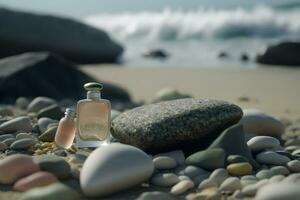 ein Glas Flasche von Parfüm Stehen auf ein Meer Hintergrund. neural Netzwerk generiert Kunst foto