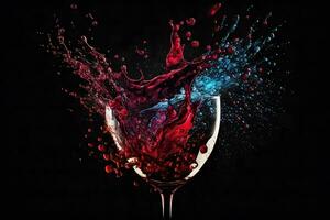 Glas mit Spritzen von rot Wein auf schwarz Hintergrund. neural Netzwerk generiert Kunst foto