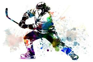 Sportler spielen Eishockey auf Aquarell Regenbogen Spritzen. neural Netzwerk generiert Kunst foto