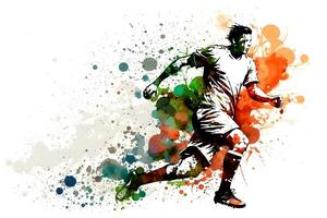 Fußball Fußball Spieler im Aktion mit Regenbogen Aquarell Spritzen. isoliert Weiß Hintergrund. neural Netzwerk generiert Kunst foto