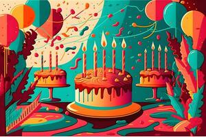 Geburtstag Party Feier mit freunde und Kuchen. neural Netzwerk ai generiert foto