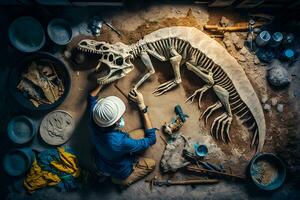 Archäologe funktioniert auf ein archäologisch Seite? ˅ mit Dinosaurier Skelett im Mauer Stein Fossil Tyrannosaurus Ausgrabungen. neural Netzwerk ai generiert foto