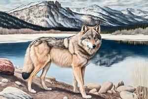 wild Wolf im das Berge in der Nähe von das See. neural Netzwerk ai generiert foto