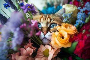 Porträt von ein Tabby Katze im Gras und Blumen. neural Netzwerk ai generiert foto