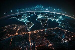 global Sozial Netzwerk. Zukunft. Blau futuristisch Hintergrund mit Planet Erde. Internet und Technologie. neural Netzwerk ai generiert foto