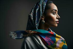Porträt von ein Muslim Frau im Profil. neural Netzwerk ai generiert foto