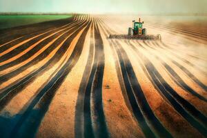 Farmer mit Traktor Aussaat Aussaat Pflanzen beim landwirtschaftlich Feld. Pflanzen, Weizen. neural Netzwerk ai generiert foto