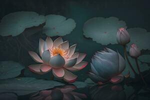 Weiß Lotus Lilien im See Wasser. natürlich schön Blumen blühen im Wald Tierwelt. neural Netzwerk ai generiert foto