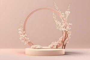 frisch üppig Rosa Sakura Blumen auf Ast mit Podium Attrappe, Lehrmodell, Simulation im Sanft Licht. neural Netzwerk ai generiert foto