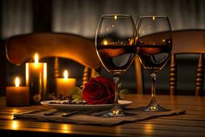 Brille von rot Wein im ein Restaurant. romantisch Abendessen. neural Netzwerk ai generiert foto