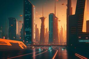 Synthwave retro Stadtbild mit modern futuristisch Gebäude und Neon- Beleuchtung. neural Netzwerk generiert Kunst foto