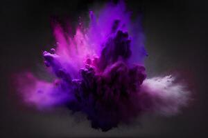 Explosion von lila und violett Farbe Farbe Pulver auf schwarz Hintergrund. neural Netzwerk generiert Kunst foto