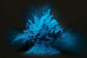 Explosion von Blau Farbe Farbe Pulver auf schwarz Hintergrund. neural Netzwerk generiert Kunst foto