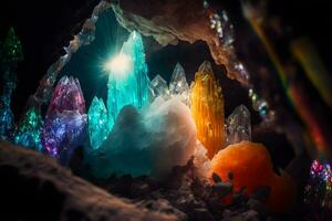 schön wild Kristall Stalaktiten und Stalagmiten im Höhle. neural Netzwerk generiert Kunst foto