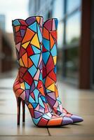 Grafik gedruckt Neon- multi farbig Knie hoch Stilett Stiefel. ai generativ foto