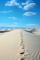 Mensch Fußabdrücke auf Weiß Sand. ai generativ foto