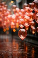 rot Luftballons, Bokeh im Hintergrund, flach Tiefe von Feld. ai generativ foto