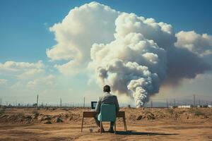 zurück Aussicht von Geschäftsmann Sitzung auf Wolke, Arbeiten mit Laptop, Tisch, Stuhl, Blau Himmel, Exemplar. ai generativ foto