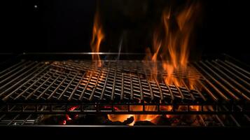 Grill Grill mit Feuer Flammen - - leeren Feuer Gitter auf schwarz Hintergrund, , generativ ai foto