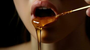 Honig tropft von Honig Schöpflöffel auf Mädchen Lippen. Schönheit Modell- Frau öffnen Mund, Modell- Essen Nektar. gesund Essen Konzept, Diät, Nachtisch, generativ ai foto