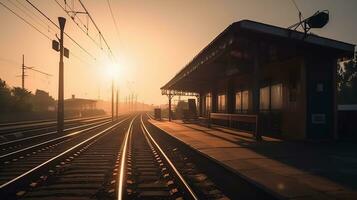 Zug halt beim Eisenbahn Bahnhof mit Sonnenuntergang, generativ ai foto