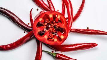 Nahansicht oben Aussicht rot Chili Pfeffer mit geschnitten auf Weiß Hintergrund, roh Essen Zutat Konzept, generativ ai foto