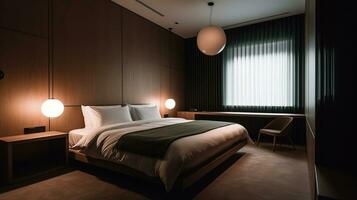 Innere von modern Zimmer mit groß Bett, Tabellen und Lampe, generativ ai foto