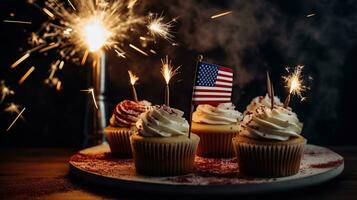 Cupcake USA Feier mit amerikanisch Flaggen und Wunderkerze, generativ ai foto