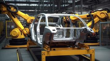 Rahmen und Körper zum Herstellung von Neu Autos im Werkstatt von Automobil Industrie Roboter. generativ ai foto
