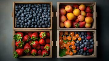 Sommer- Obst und Beere Vielfalt. eben legen von reif Erdbeeren, Kirschen, Trauben, Blaubeeren, Birnen, Aprikosen, Feigen im hölzern Öko freundlich Kisten Über grau Hintergrund, oben Sicht. generativ ai foto