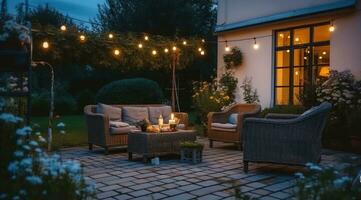 Sommer- Abend auf das Terrasse von schön Vorort- Haus mit Garten. generativ ai foto