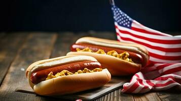 USA National Urlaub Arbeit Tag, Denkmal Tag - - heiß Hunde mit Ketchup und Senf auf Holz Hintergrund, generativ ai foto