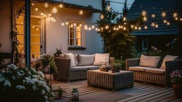 Sommer- Abend auf das Terrasse von schön Vorort- Haus mit Terrasse mit Korbweide Möbel und Beleuchtung. generativ ai foto