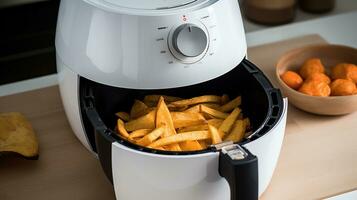 runden Luft Friteuse Liner Pergament auf ein Küche Tisch. generativ ai foto