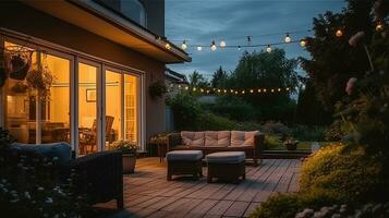 Sommer- Abend auf das Terrasse von schön Vorort- Haus mit Garten. generativ ai foto