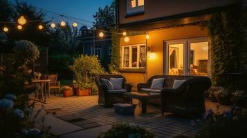 Umarmen ein Sommer- Abend auf das Terrasse von ein schön Vorort- Haus. generativ ai foto