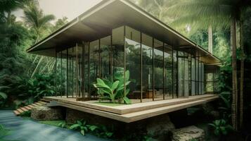 modern Glas Haus mischen Innen- und draussen Leben im ein Regenwald Oase. generativ ai foto