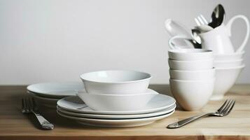 elegant Einfachheit, Weiß Geschirr und Besteck schmücken ein rustikal hölzern Tisch. generativ ai foto