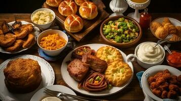 Auswahl von traditionell Chanukka Essen zum festlich Abendessen, generativ ai foto