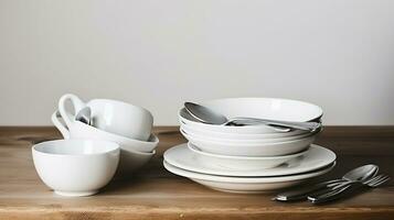 elegant Einfachheit, Weiß Geschirr und Besteck schmücken ein rustikal hölzern Tisch. generativ ai foto