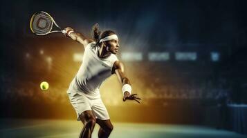 das triumphiert und Talente von ein Fachmann Tennis Spieler. generativ ai foto