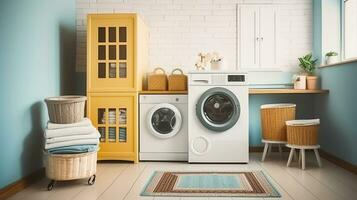 Wäsche Zimmer mit geladen Waschen Maschine, Waschmittel Flaschen und Textil. generativ ai foto