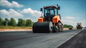 Walze rollen frisch heiß Asphalt auf das Neu Straße. Straße Konstruktion. generativ ai foto