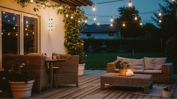 Sommer- Abend auf das Terrasse von schön Vorort- Haus mit Terrasse mit Korbweide Möbel und Beleuchtung. generativ ai foto